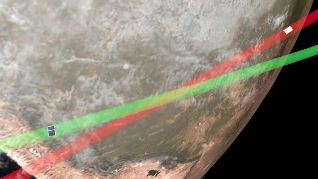Orbital SLAM concept visualization showing spacecraft operating in intersecting orbital bands and multiple frames of reference.
